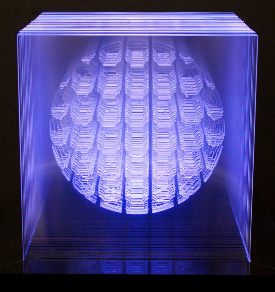 Multiesfera V1 by Gisseline Amiuny, purple, violet LED light installation, lightbox sculpture for sale, circle, globe famous contemporary artist blue squares, miami etra fine art gallery